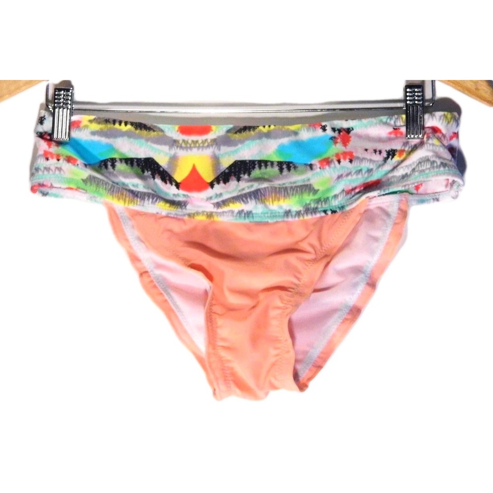High Waisted Coral W/Colorful Waist Band Bikini Swim Bottoms Women's SZ L